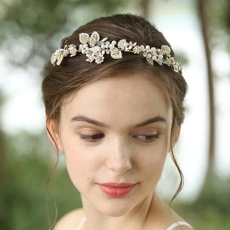 Gold Crystal Flowers Leaves Vine Headband Tiara Wedding Party Headpiece 
