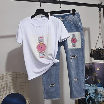 

2020 Summer New Fashion T-shirt Women Set Loose Cotton Short Sleeve T shirt + Hole Little Feet Jeans Women Two Piece Set D3619