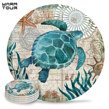 

4/6/8 PCS Underwater World Turtle Ocean Placemat Ceramic Drink Coasters Table Decoration Kitchen Accessories Absorbent Moisture