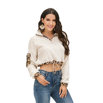 

Women´s Hoody Leopard Print Turn-Down Collar Long Sleeve T-Shirt Women’ s Autumn Winter Wear Drawstring Crop Tops Sweatshirts