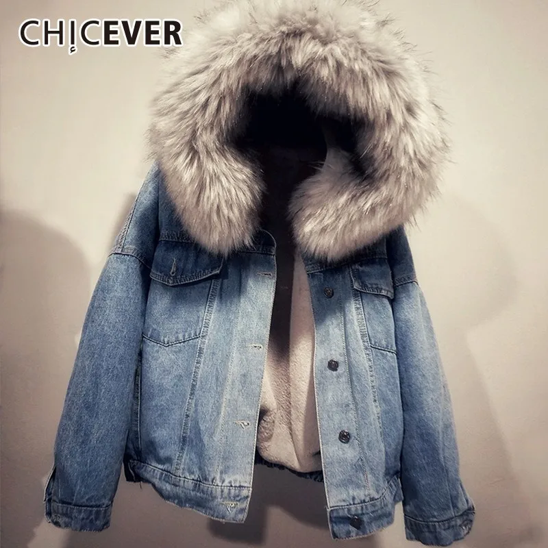 Женская зимняя джинсовая куртка CHICEVER 2020 с капюшоном и длинным рукавом летучая