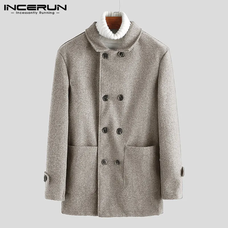 INCERUN, зимние мужские шерстяные пальто, длинный рукав, Тренч, двубортный, уличный, с отворотом, пальто, модные, одноцветные, деловые, мужские куртки