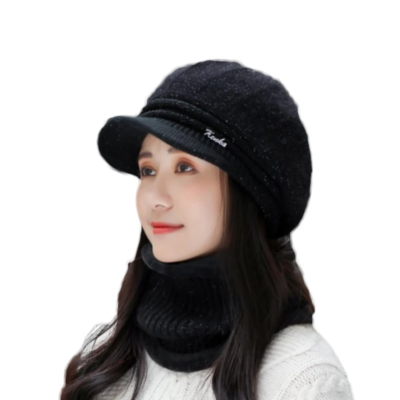 

Women Rabbit Fur Berets Hat For Winter Knitted Beanies Scarf Ticken Warm Skullies Letter Lady Hats Set 2020 Fashion Caps Autumn