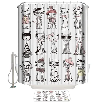 

Cat Hipster Animal Cartoon Shower Curtain with Hooks Doormat Bath Floor Mat Waterproof Polyester