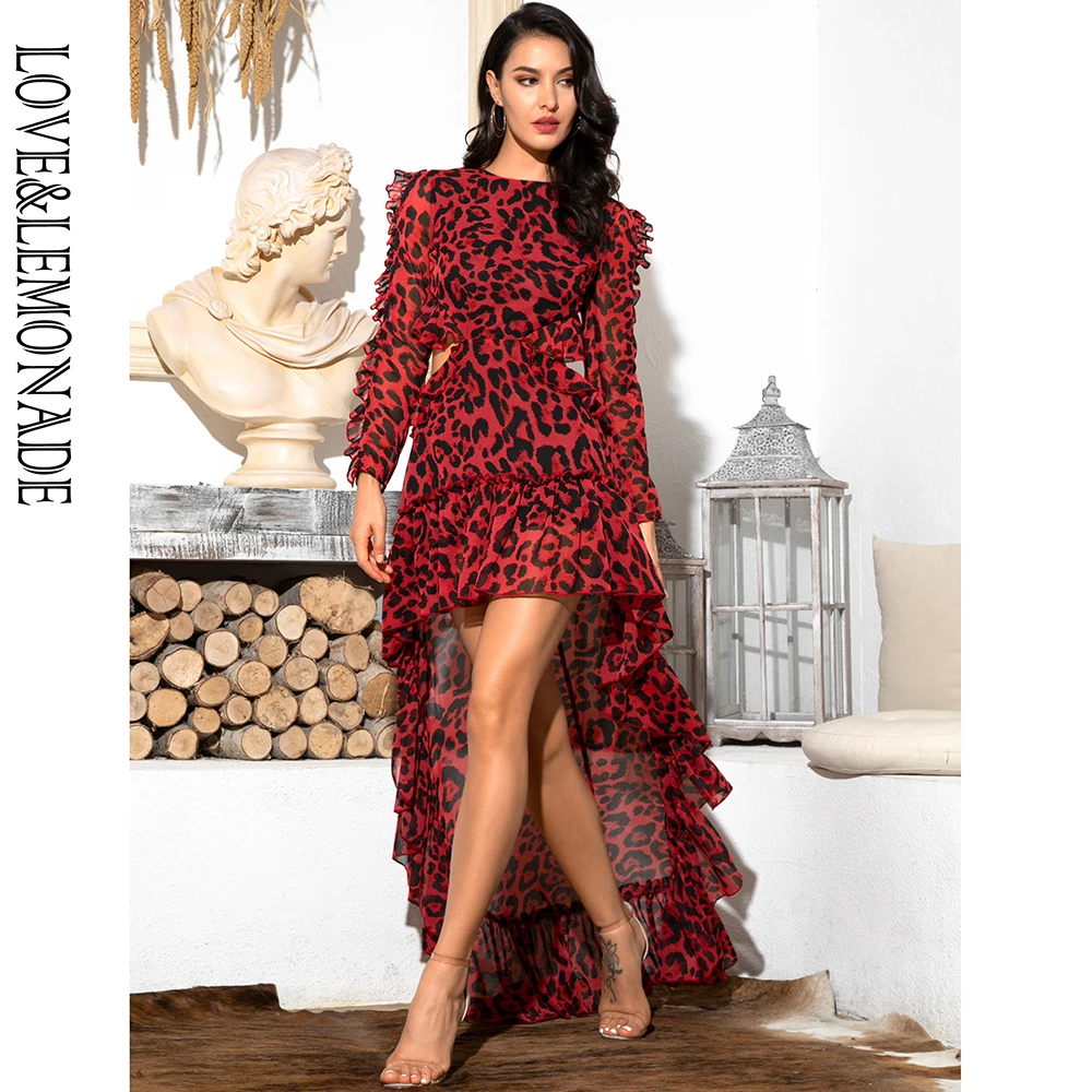 

LOVE&LEMONADE Sexy Cut Out Open Back Red Leopard Long Sleeve Chiffon Dress LM81503