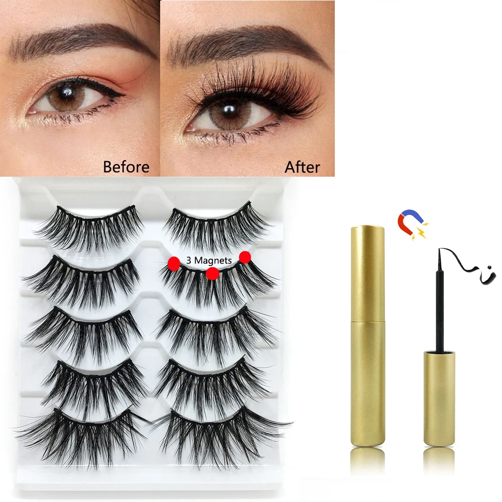 

5 Pairs Magnetic Eyelashes With Waterproof Magnetic Liquid Eyeliner Handmade Magnet Eyelash Eyeliner Makeup Lashes Extension Kit