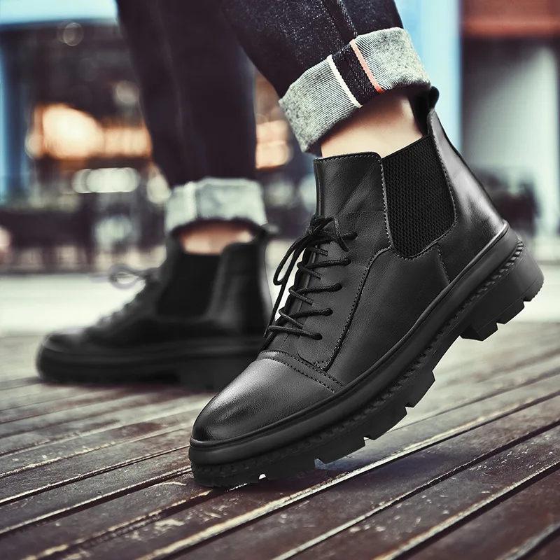 

Spring Martin Boots Men's Fashion Worker Boot Genuine Leather Thick Bottomed Short Boots Men Hight-top England Man's Leather Boo