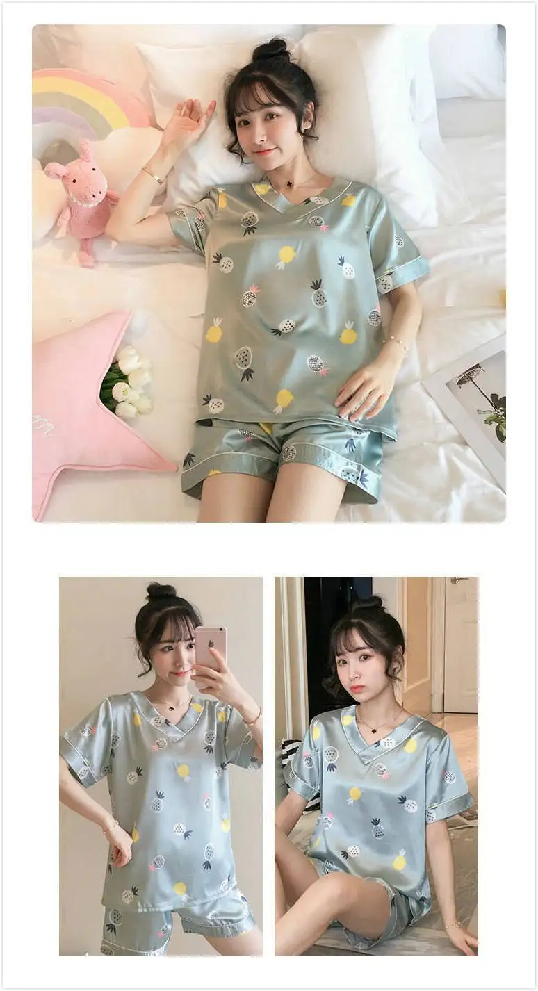 plus size pjs Pajamas Women Summer Thin Section V-neck Imitation Silk Ice Silk Short-sleeved Sleepwear Ladies Home Service 2-piece Pajamas silk pj set