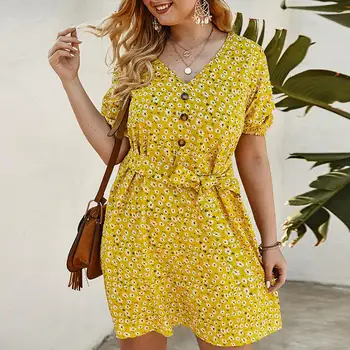 

Daisy Print Short Sleeve Mini Dress for Women Summer Floral Print V-Neck High Waist Dresses Casual Sundress Beach Dress #20