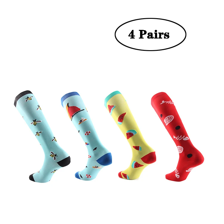 

4 Pairs/Lot Compression Stockings Pattern Melon Bee Popcorn Colorful Men Women Sports Nylon Running Socks Long Leg Pressure Fun