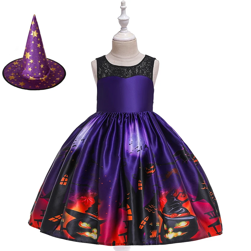 Платья для девочек; костюм на Хэллоуин для девочек; праздничное платье для девочек; детская одежда для костюмированной вечеринки в стиле вампира, тыквы, ведьмы; Рождественская одежда принцессы для детей - Цвет: purple with hat