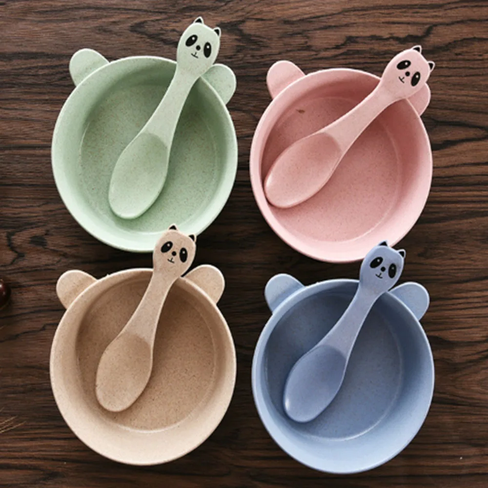 

2 Pcs/Set Baby Feeding Food Tableware Panda Wheat Kid Dishes Eco-Friendly Children Training Dinnerware Plate Bowl Spoon