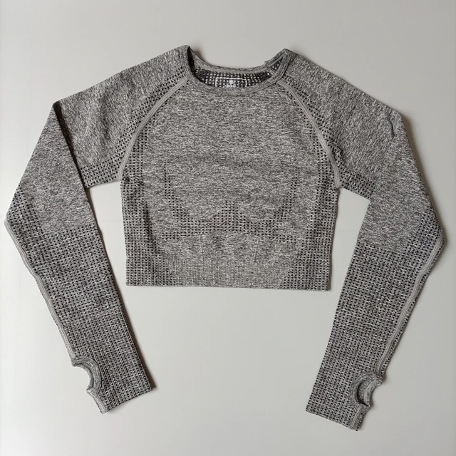 Personality Cotton Crop Top Sports Yoga Shirts women Long Sleeves Gym Workout T-shirts Fitness Sports Wear For Women Gym Tops Gray