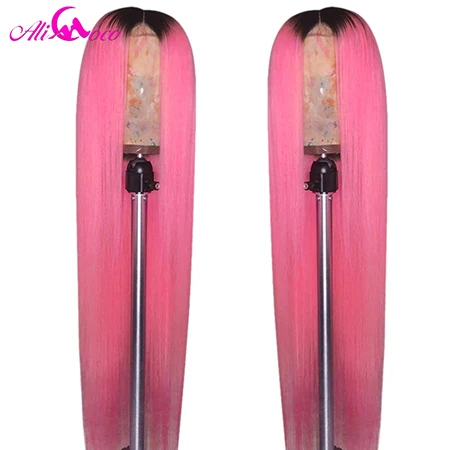 1B Pink ALI Coco, 150%, зеленый парик из человеческих волос, бразильский, Remy, прямой, желтый, парик на кружеве, розовый, красный, светильник, синий, фиолетовый, Омбре, парики для женщин - Цвет: 1B Pink