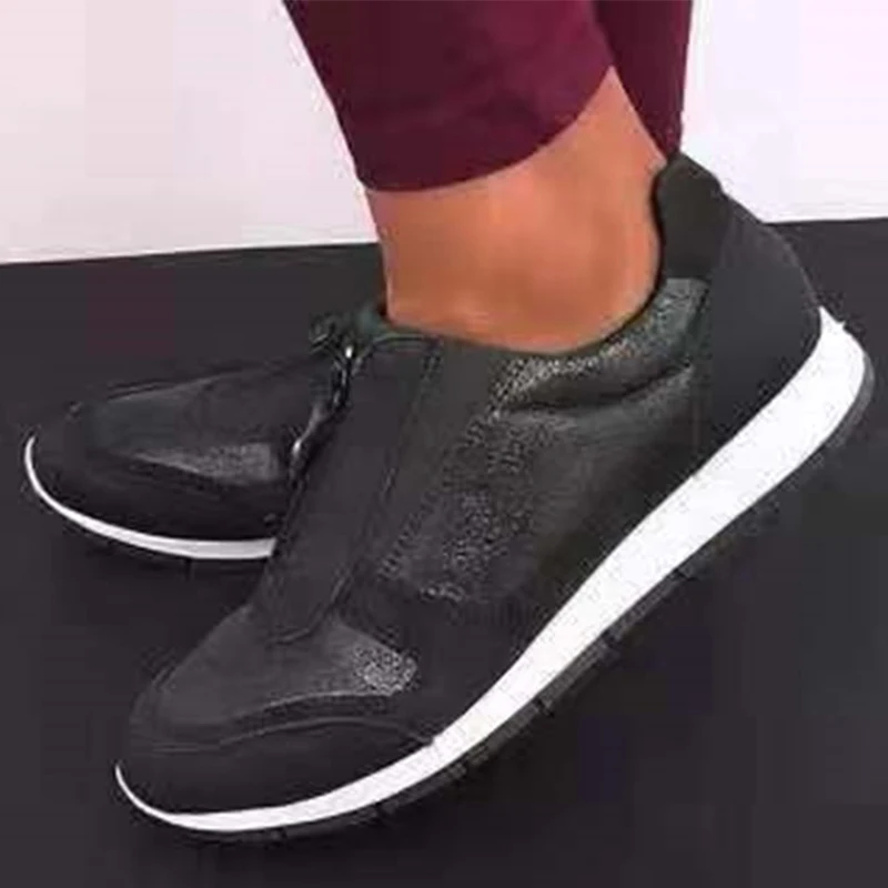 TINO KINO/новые женские кроссовки на плоской подошве; Женская Осенняя обувь на молнии; Женская Повседневная Удобная прогулочная обувь размера плюс; женская обувь - Цвет: Черный