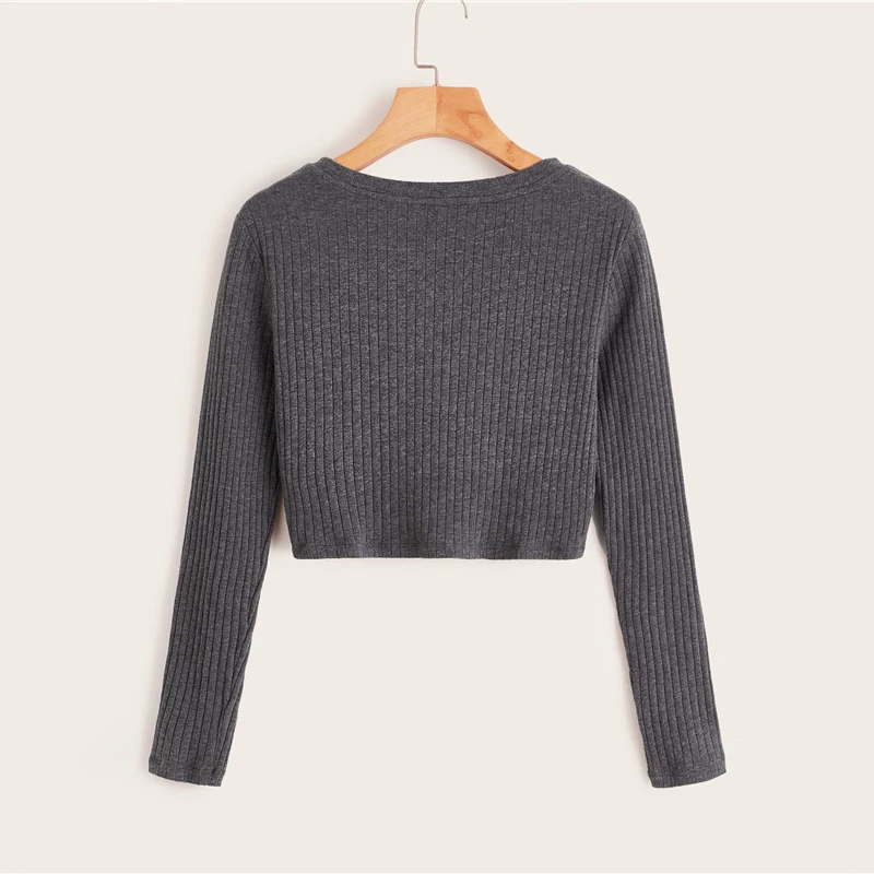 SHEIN однотонная трикотажная укороченная футболка с длинными рукавами и круглым вырезом на осень-зиму, повседневная Милая футболка