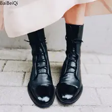 Женские ботильоны; женские мотоциклетные ботинки черного цвета с круглым носком на платформе и низком каблуке со шнуровкой; женские теплые зимние ботинки; женские ботинки