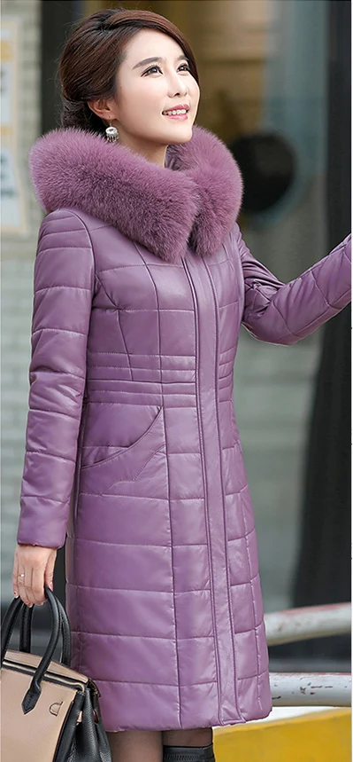 Зимний кожаный пуховик для женщин, пальто из овчины, большие размеры, L-8XL, парки с капюшоном, женские толстые теплые длинные кожаные куртки