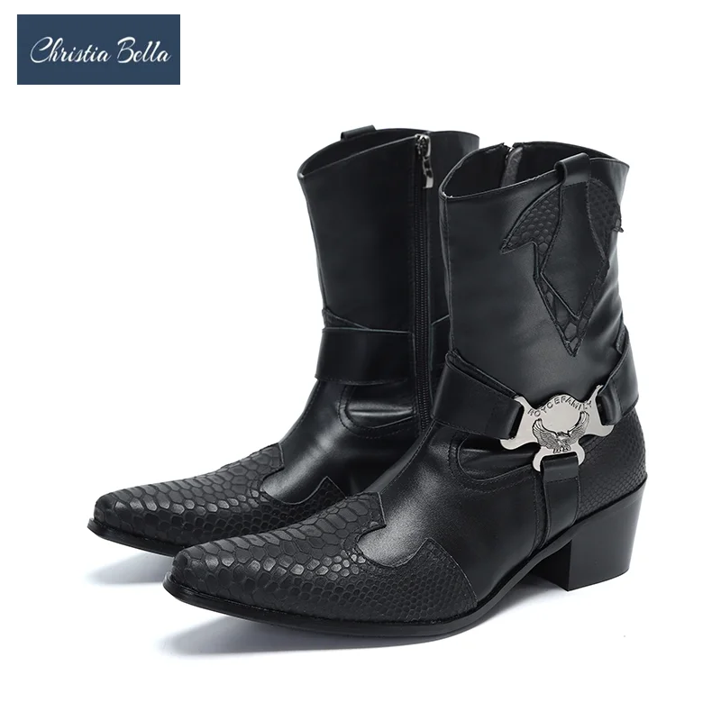 Botas vaqueras de piel auténtica hombre, botines de media caña con punta puntiaguda, a la moda, con cremallera, occidental, para invierno|Botas básicas| AliExpress