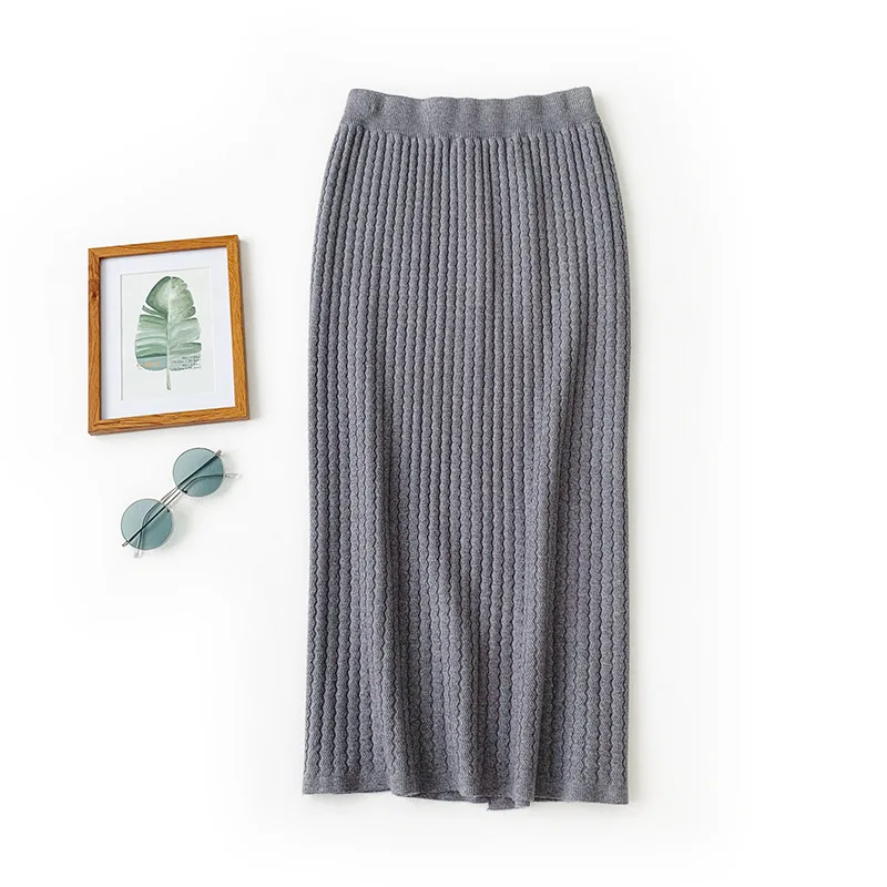 Осенняя яркая зеленая причудливая трикотажная длинная юбка-карандаш, Зимняя Толстая юбка-карандаш с разрезом сзади, тянущаяся тонкая юбка до середины икры, Длинные вязаные юбки серого цвета