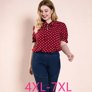 

Female fashion summer plus size tops for women blouse large short sleeve stand collar casual loose dot shirt red 4XL 5XL 6XL 7XL