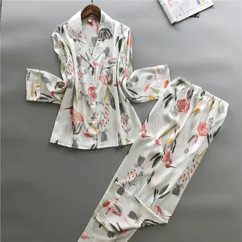 

2PCS Sleepwear For Lady Sleep Set Kimono Gown Soft Bathrobe Home Clothing Intimate Lingerie Flower Green Long Sleeve Nightwear
