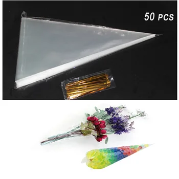 

50pcs DIY Candy Bag Wedding Favors Popcorn bag Birthday Party Supplies Bags Cellophane Transparent Cone Shaped Gift Packing Bags