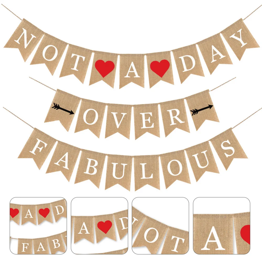 

1Pc Birthday Party Banner Decorative String Flag Linen Cloth Banner Prop (Khaki)