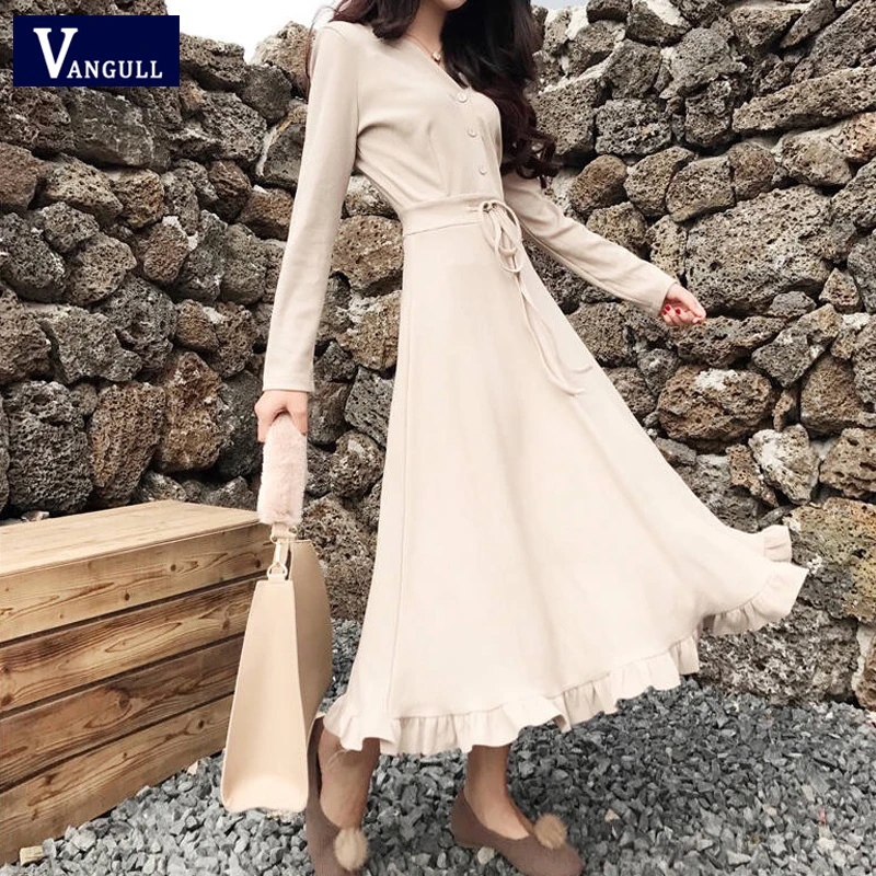 

Vangull Women Knitted Dress Solid V-neck Long Sleeve Elegant Dresses 2019 Autumn New Female Party Holiday Style Bodycon Dress