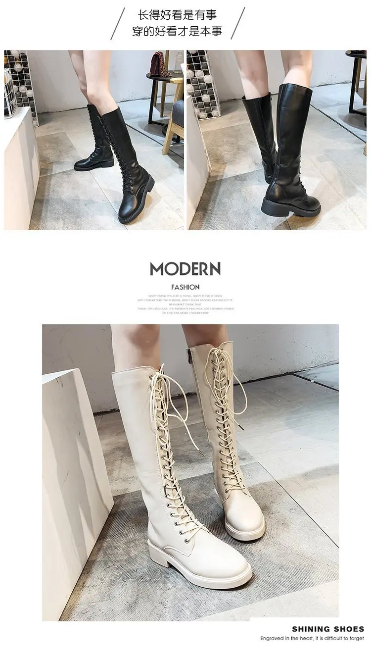 Knight boots cross-tied flats back zipper knee-high booties handsome women shoes winter botas sewing female botines leather