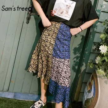 

SAM'S TREE Colorblock Floral High Waist Casual Fishtail Midi Skirts Women 2020 Summer New Patchwork Korean Ladies Daily Skirts