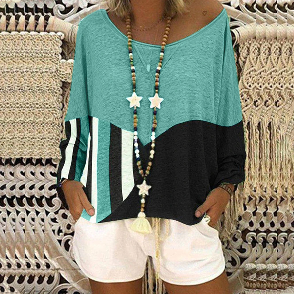 JAYCOSIN Fashion Blouse Casual Loose Round Neck Long Sleeve Color Matching Shirts Blouses Embroidery Casual Women Full Shirt 722