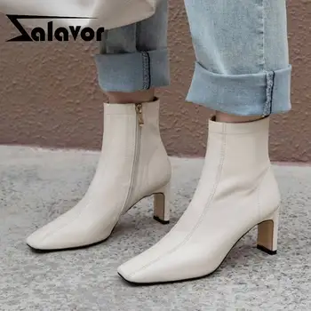 

ZALAVOR Size 33-42 Women Ankle Boots Real Leather High Heel Winter Shoes Woman Fashion Zipper Sexy Party Office Lady Footwear