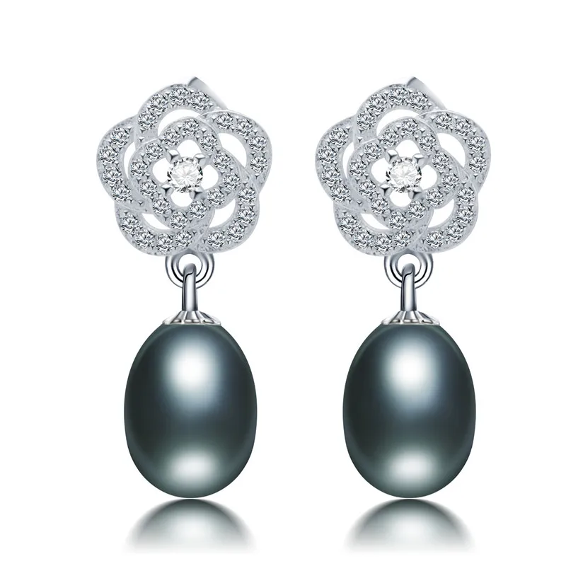 black pearl earring Белые серьги в форме цветка, 8-9 мм, серьги с жемчугом, 925 пробы, серебряные серьги для женщин, натуральный жемчуг, серьги, модное ювелирное изделие - Цвет камня: black pearl earring