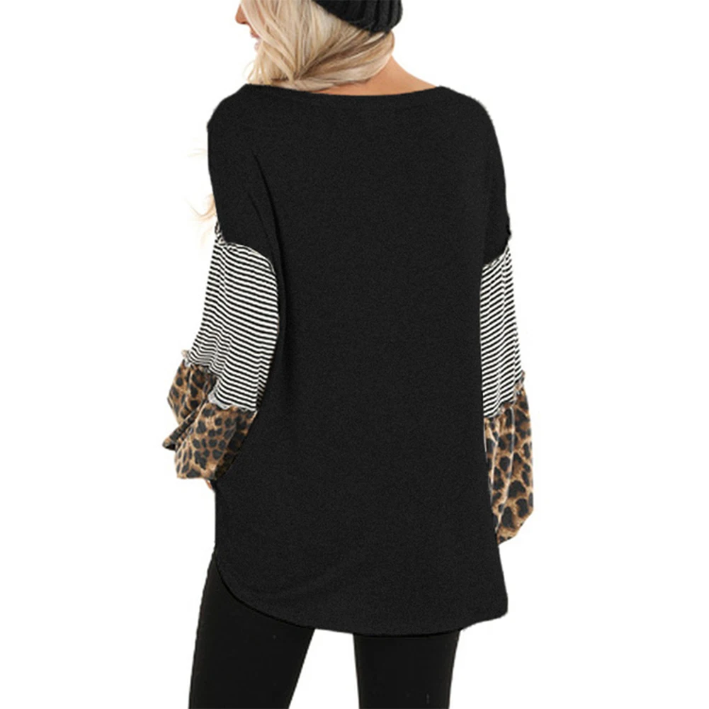 Kureas Women's T Shirt Long Puff Sleeve Casual T-Shirts Fashion Leopard Striped Patchwork Knitted Female Tops Autumn Winter