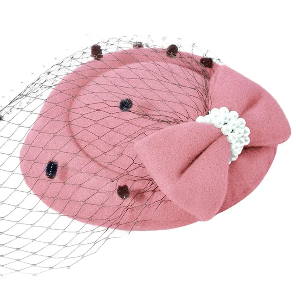 Шляпа-Вуалетка с бантом, женские сетчатые ленты, жемчужные фетровые шляпы, повязка на голову или заколка для коктейля, чая, вечерние головные уборы для девушек и девушек - Цвет: Pink