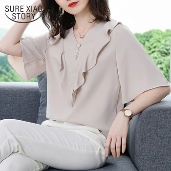 

Ruffels Tops Solid 2020 Summer New Fashion Casual Short Flare Sleeve Shirt Women Elegant V-neck Beading Chiffon Blouse 8829 50