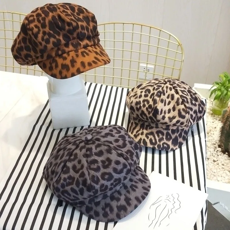 

Women's hat leopard beret autumn and winter net red models wild retro octagonal hat newspaper hat curved hat hat tide