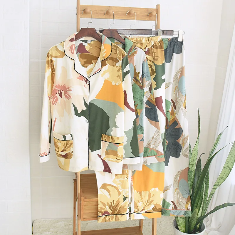 

KISBINI Leaf Printed 2020 Autumn Cotton Pyjamas Set For Women Long Sleeves Button Homewear Lady's Soft Pajamas Set
