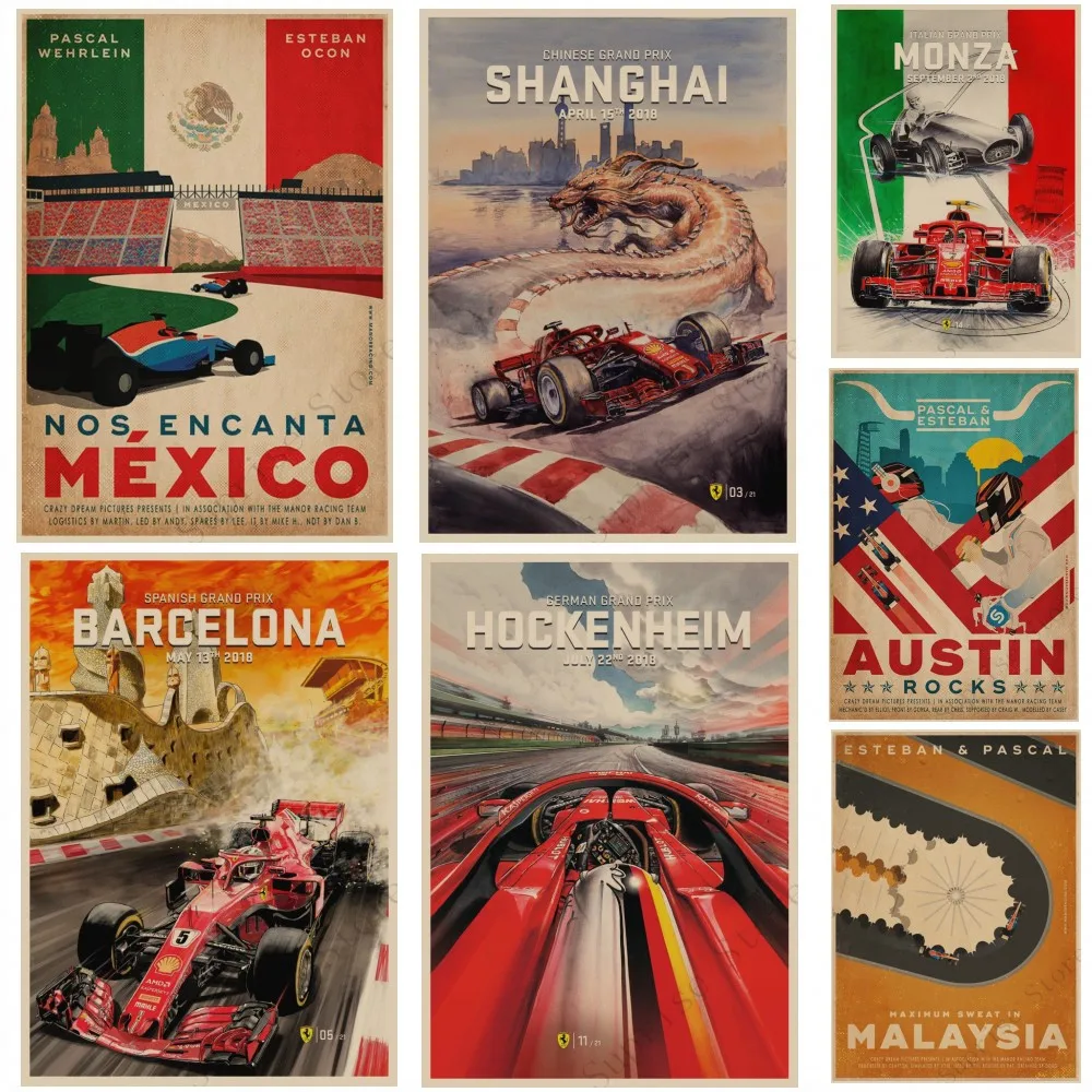 Vintage Mexico Qatar Italy travel Poster Retro F1 Racing Car Painting ...