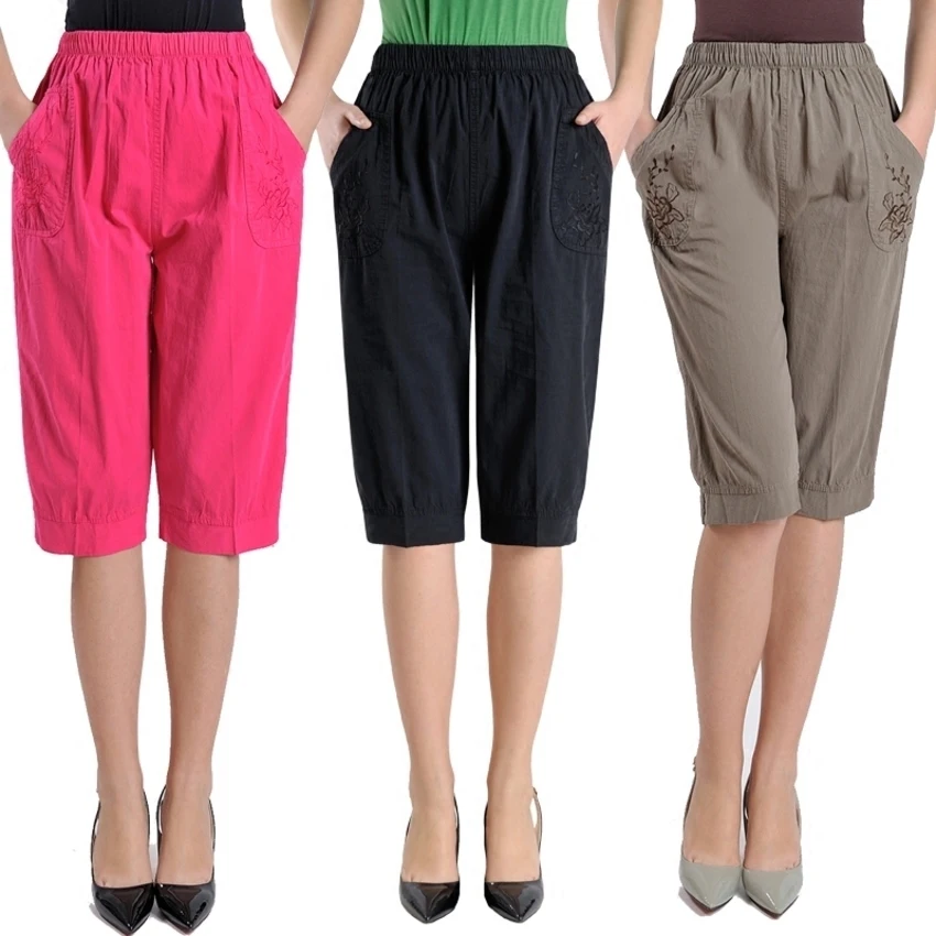 Plus Size Middle Aged Women High Waist Straight Pants Fashion Solid Color Loose Calf Length Pants Casual Summer Female Capris Plus Size Middle Aged Women High Waist Straight Pants Fashion Solid Color Loose Calf Length Pants Casual Summer Female Capris