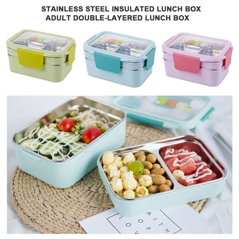 

Bento Box Double-Layer Insulation Food Container Camping School 304 Stainless Steel Portable Travel Picnics Cutlery Students