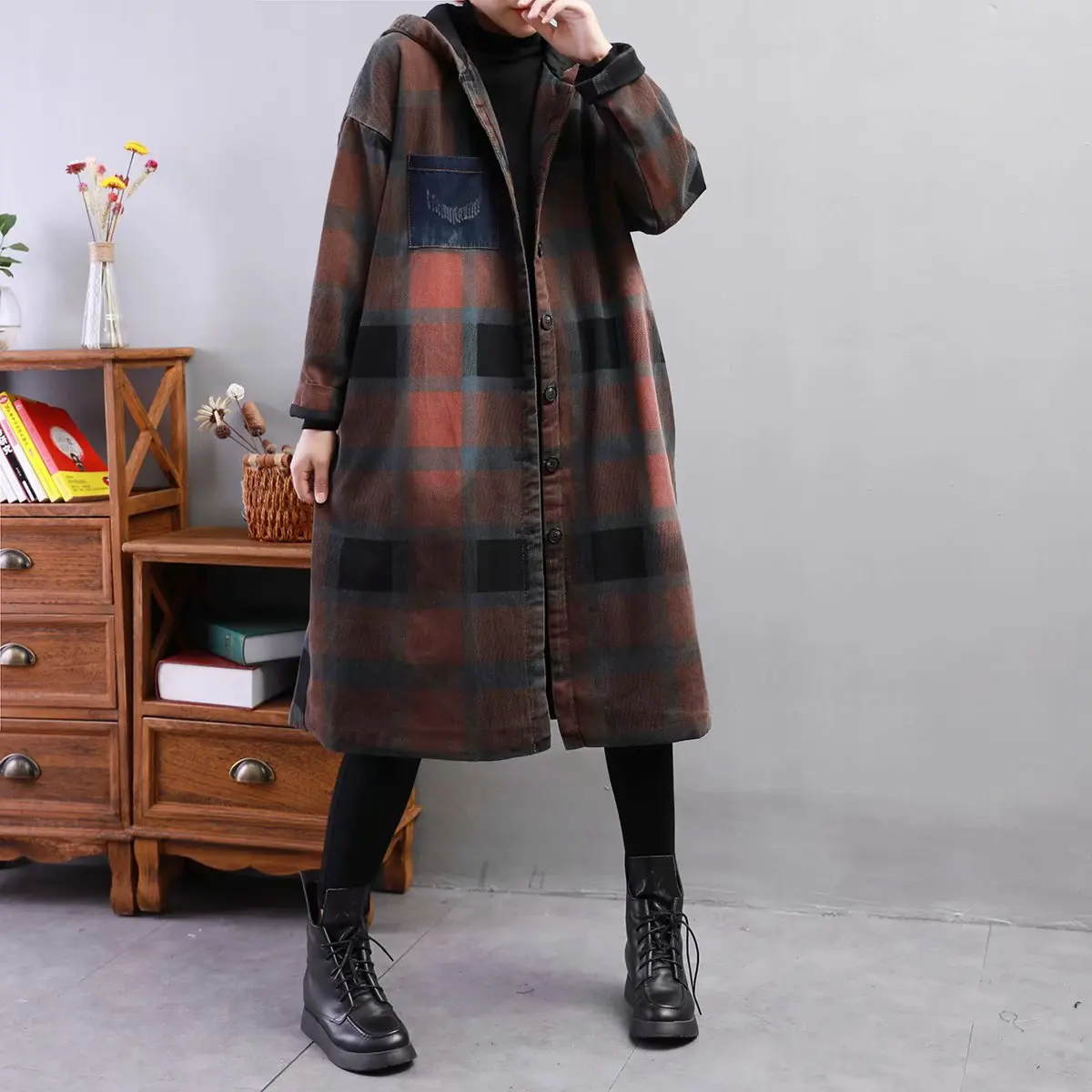 

Qi Juan Draw Winter New Retro Printed Cowboy Mid-length Loose And Plus-sized Hooded Thick Quilted Cotton Coat