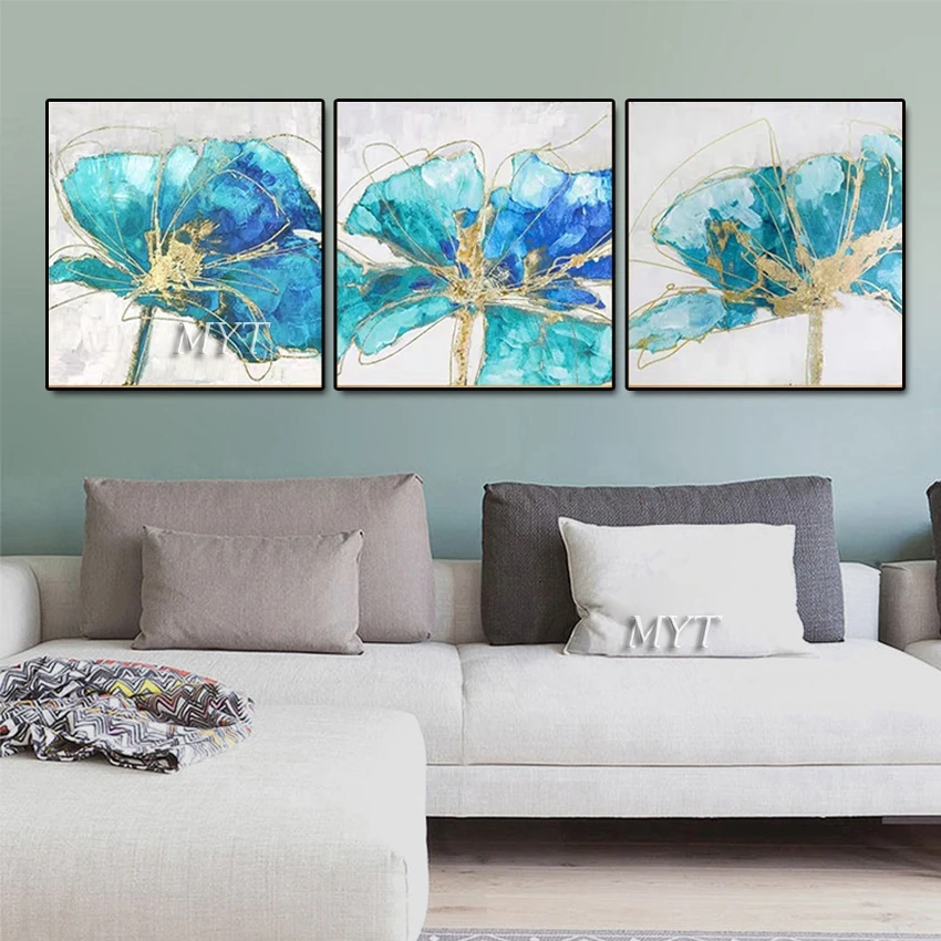 Hand-painted 3 Panels Flower Gold Foil Oil Painting Triptych Canvas Floral Wall Art Decorative Pieces Paintings For Hotel Deco | Дом и сад