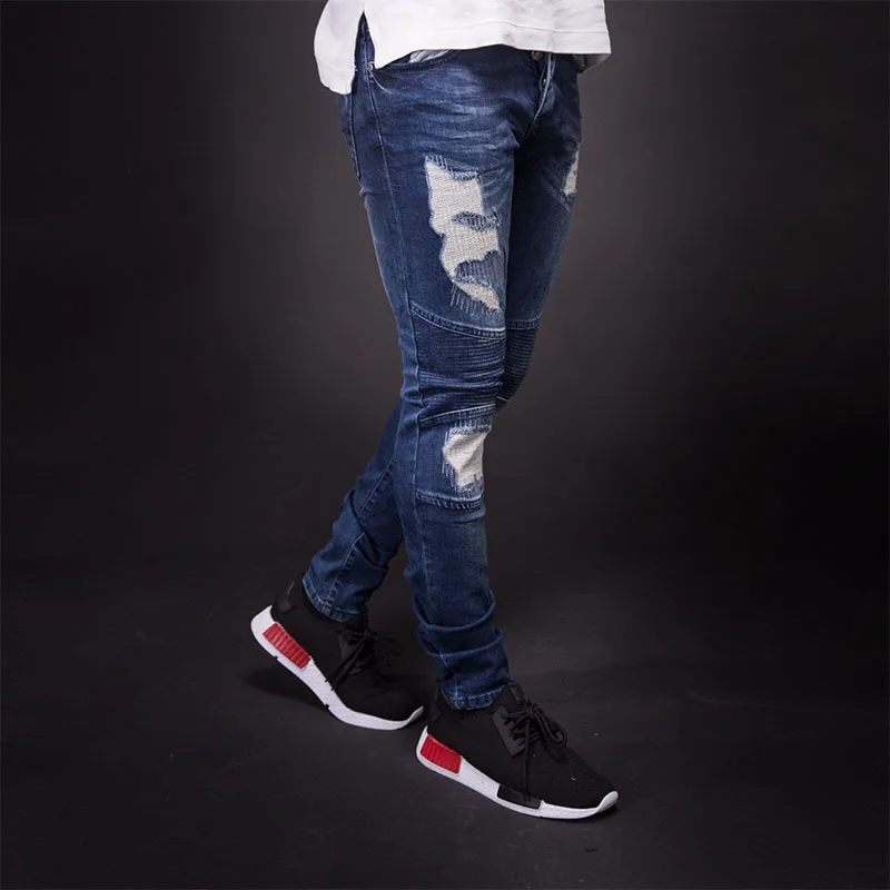 

New Men's Hole Embroidered Feet Stretch Jeans Men's High Quality Brand-name Denim Trousers Soft Men's Slim Trousers Trend Jeans