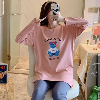 

Spring Autumn Pajamas Set Thin O-Neck Long Sleeve Sleepwear Cartoon Print Female Casual Nightgown Home Wear