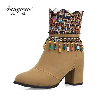 

fanyuan Winter Boots Women Flock Black Red String Bead Tassel Plaid High Block Heel Women Shoes Bootie Footwear Size 34-50