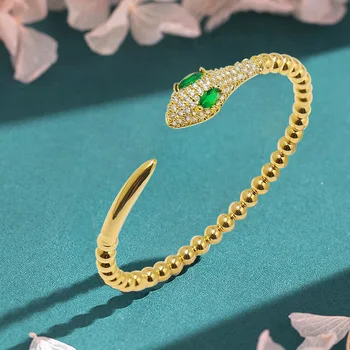 

Top Quality Green Eye Snake Style Micro Mosaic Top CZ Crystals Gold Silver Color Cuff Bangle For Women