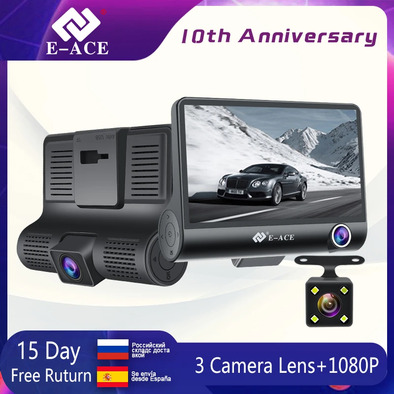 E-ACE Мини Автомобильный видеорегистратор 4,0 дюймов Dashcam 1080P FHD видео рекордер 3 объектив камеры Dash камера с камерой заднего вида регистратор DVRs E-ACE Мини Автомобильный видеорегистратор 4,0 дюймов Dashcam 1080P FHD видео рекордер 3 объектив камеры Dash камера с камерой заднего вида регистратор DVRs