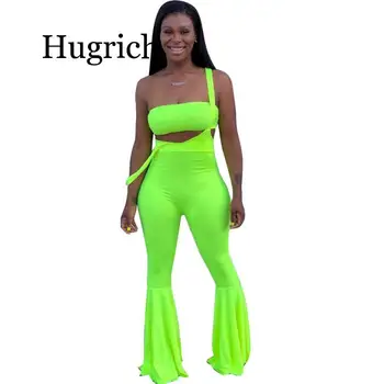 

2020 New Summer Women Casual Two Piece Set Tube Top Spaghetti Straps Flare Jumpsuit Strapless Crop Top Foot Cut Pants